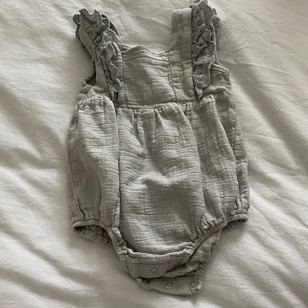 Quincy Mae Light Gray Eyelet Ruffle Muslin One-Piece